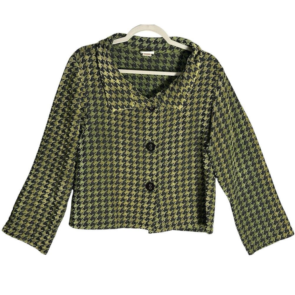 Habitat Sz L Plush Houndstooth Short Blazer Jacket Artsy Ombre Avocado Funky‎